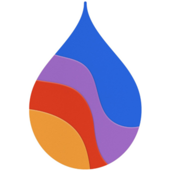 Colourful droplet-shaped design with layered curves in blue, purple, red, and orange on a white background.